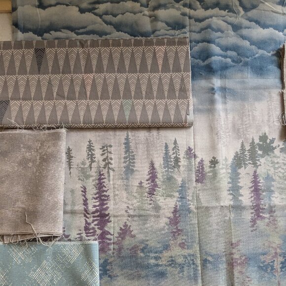 Fabric Remnants Muted Blues, Greys, Purple "At Home in the Woods" - Picture 2 of 7
